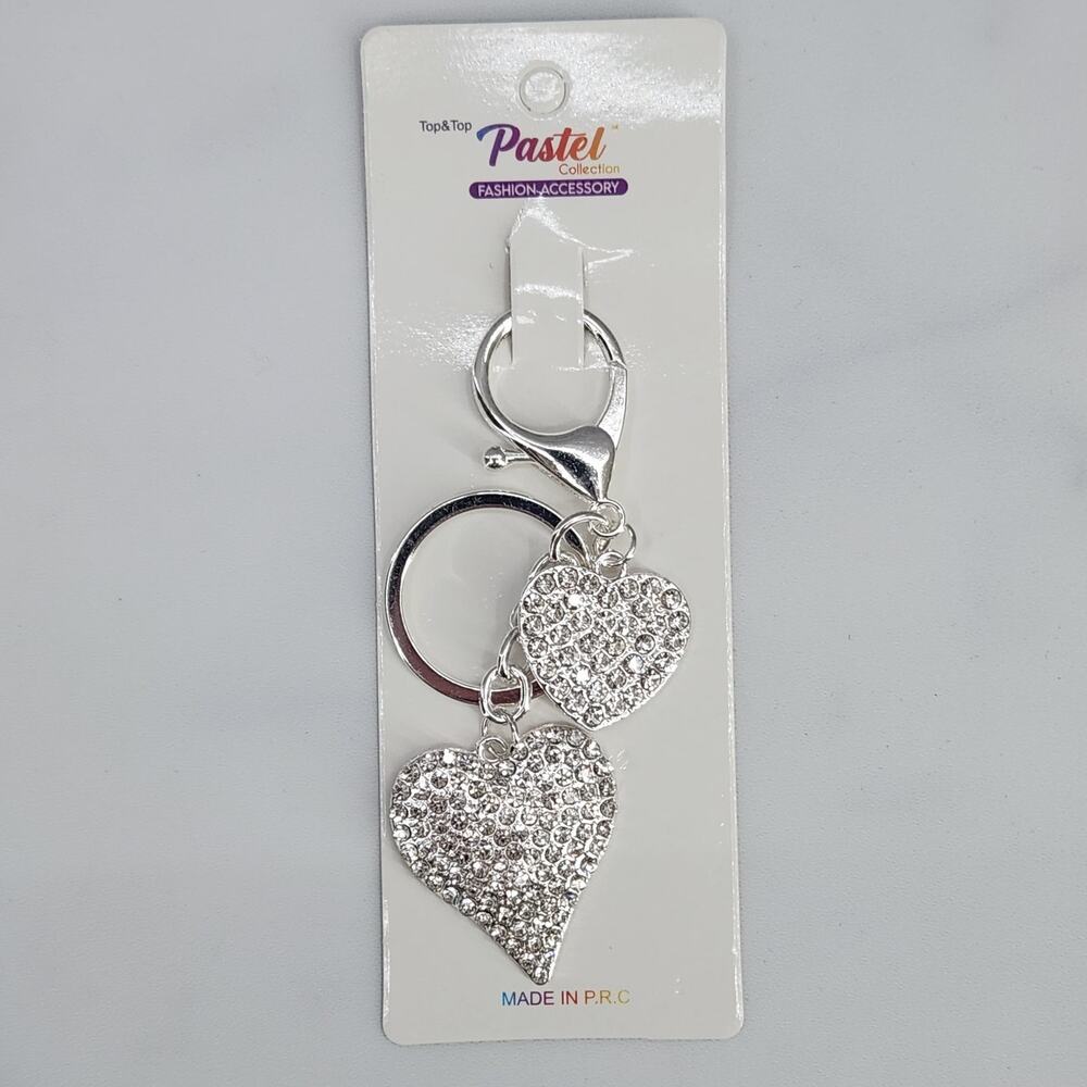 Double Heart Rhinestone Keychain charm silver tone hardware Fashion Accessory